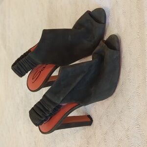 Santoni Green Suede Peep Toe, Sling Back Heel